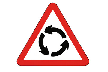 Red and white triangular roundabout sign with transparent background, indicating an upcoming roundabout intersection