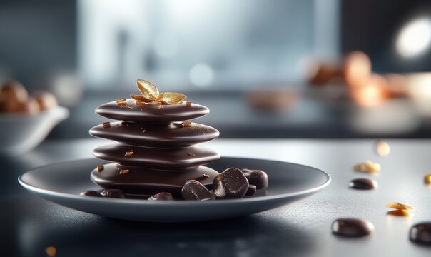 Gourmet chocolate stack, kitchen setting, dessert, food photography, advertisement