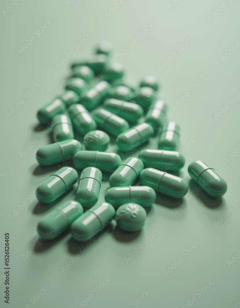 Poster abstract arrangement of floating green pills on a soft background