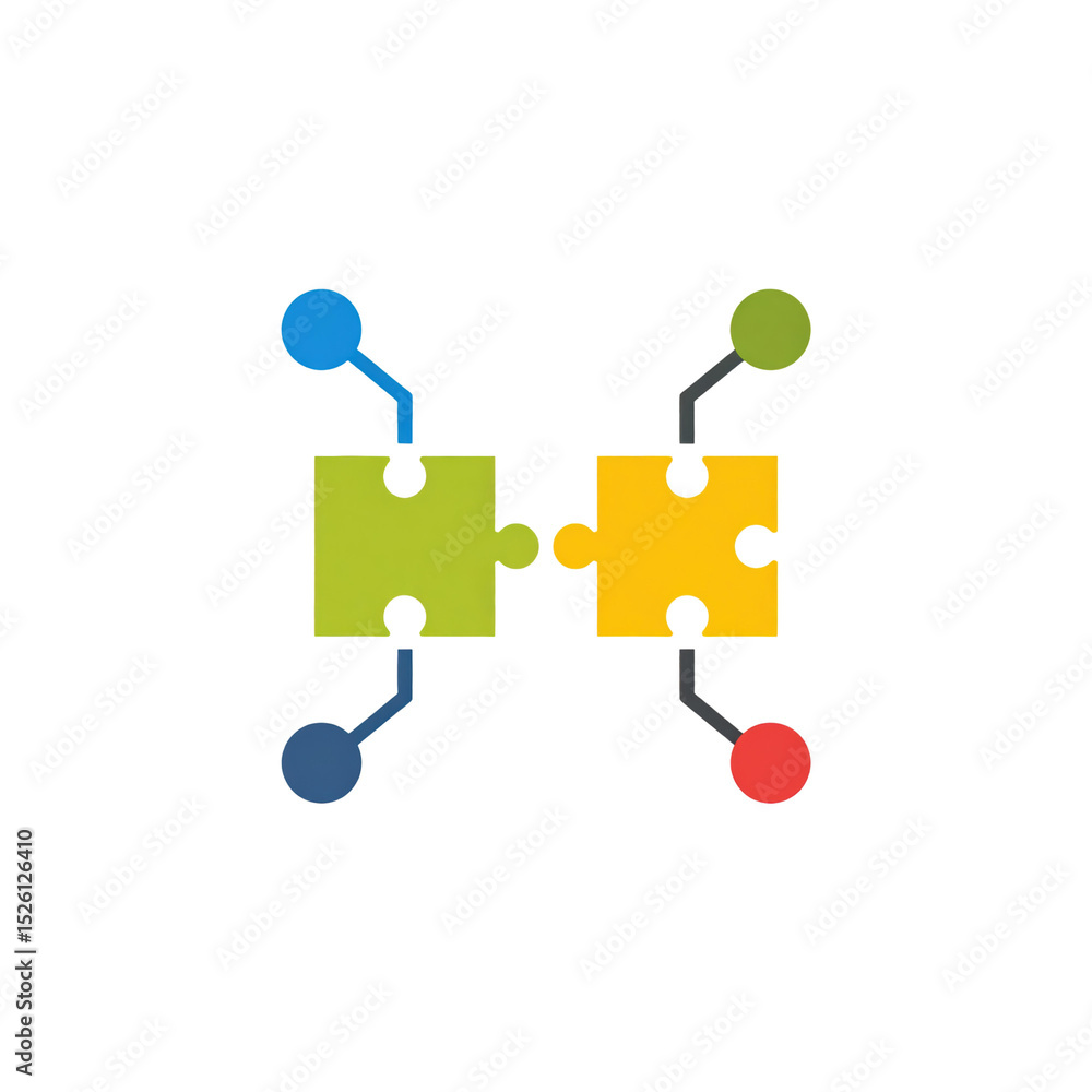 Poster two colorful puzzle pieces, one green and one yellow, connected with lines extending to colored dots