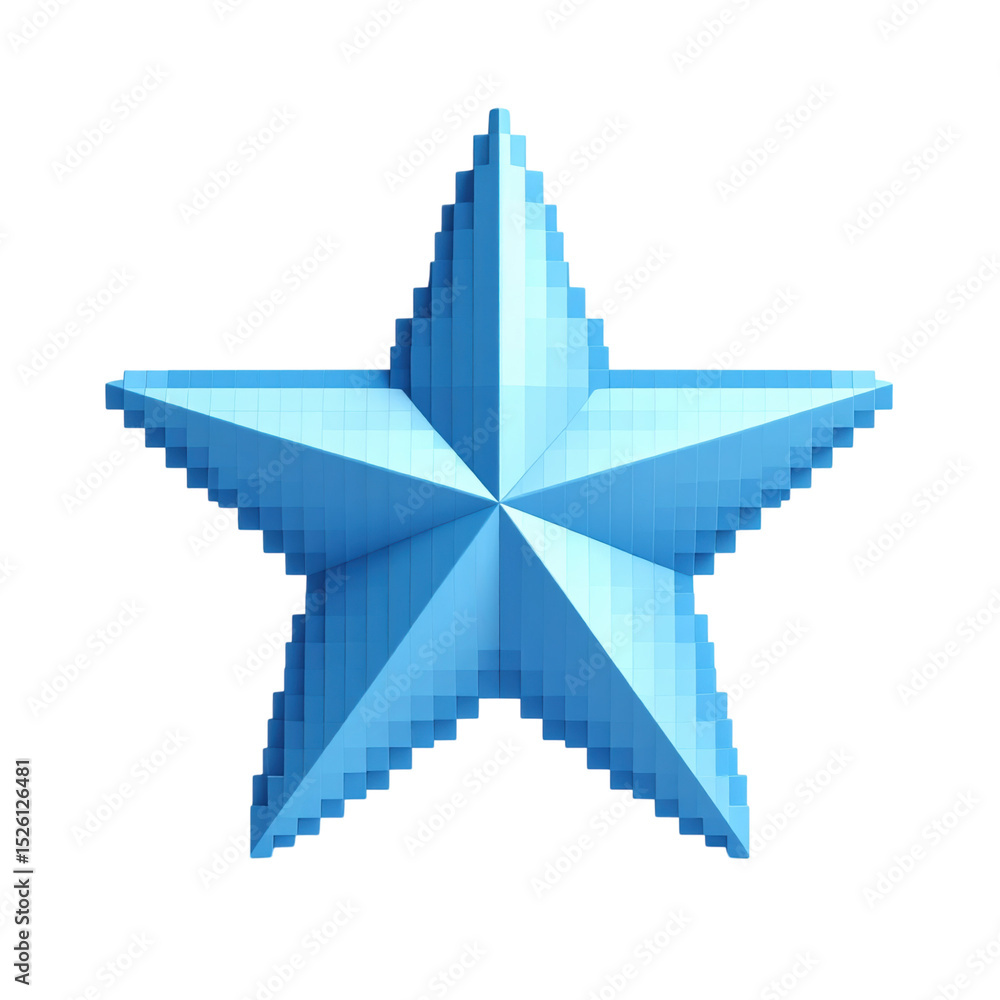Poster a three-dimensional blue star with pixelated edges, standing upright on a white surface, showcasing 