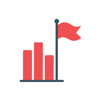 A red bar chart with three vertical bars of varying heights next to a flag on a pole, symbolizing achievement or milestone in data or business analytics