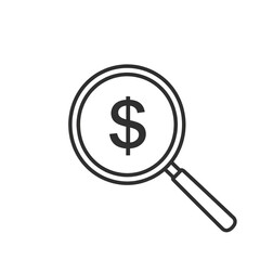 Magnifying glass focusing on a dollar sign, symbolizing financial analysis, money search, or investment scrutiny in a simple black and white line art style