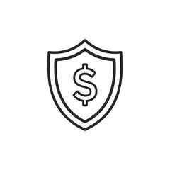 Black line icon of a shield with a dollar sign inside, symbolizing financial protection or money security on a white background