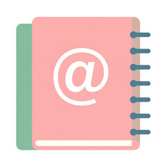 Illustration of a closed spiral-bound address book with a pink cover featuring a white "@" symbol, indicating contact information or email directory