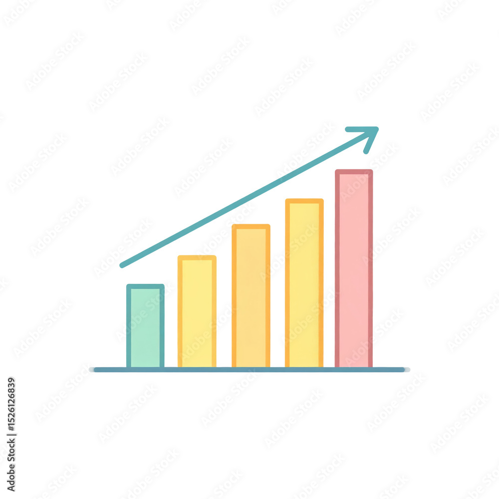 Poster simple colorful bar chart with five ascending bars and an upward arrow showing growth or progress on