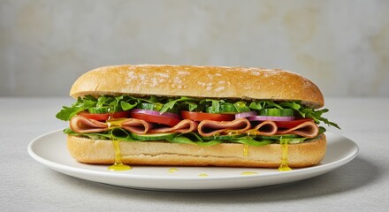 Freshly made sub sandwich with layers of lettuce, tomato, onions, and deli meats drizzled with yellow dressing on a light background