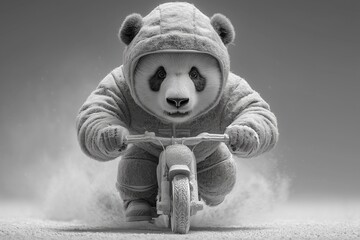 A stylish panda in padded biking suit racing through snow on solid white background, black-and-white contrast, frosty speed scene.