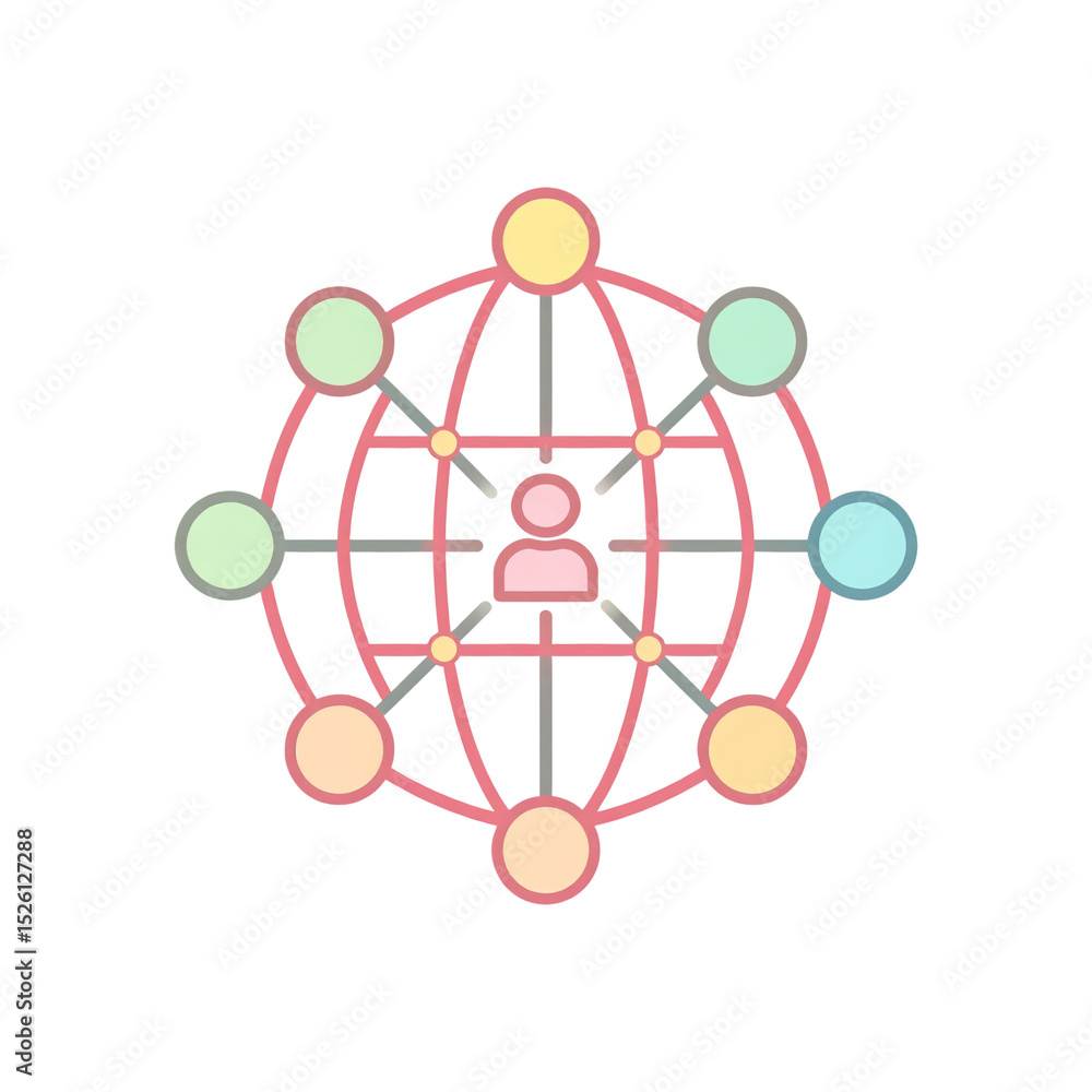 Poster centralized human icon connected to multiple colored nodes arranged in a globe-like network, represe