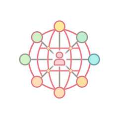 Centralized human icon connected to multiple colored nodes arranged in a globe-like network, representing communication, connectivity, or social networking