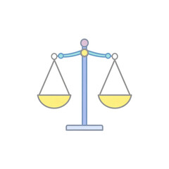 A simple illustration of a balanced scale with yellow pans and a blue stand, symbolizing fairness, justice, or balance on a white background