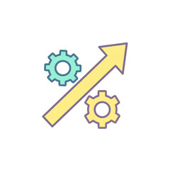 Yellow upward arrow with two differently colored gears symbolizing progress, growth, and efficiency in mechanical or business processes