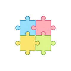 Four colorful interlocking puzzle pieces in blue, pink, yellow, and green arranged in a square on a white background