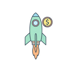 A green rocket blasting off with fire, accompanied by a gold coin featuring a dollar sign, symbolizing financial growth or startup investment