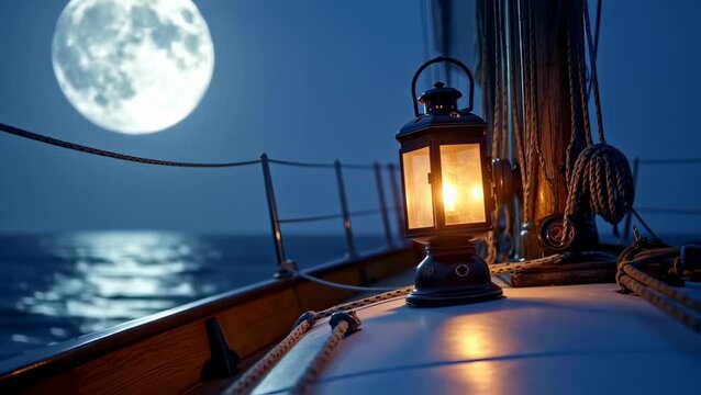 Vintage lantern glowing warmly on sailboat deck under full moonlight at sea. Marine concept
