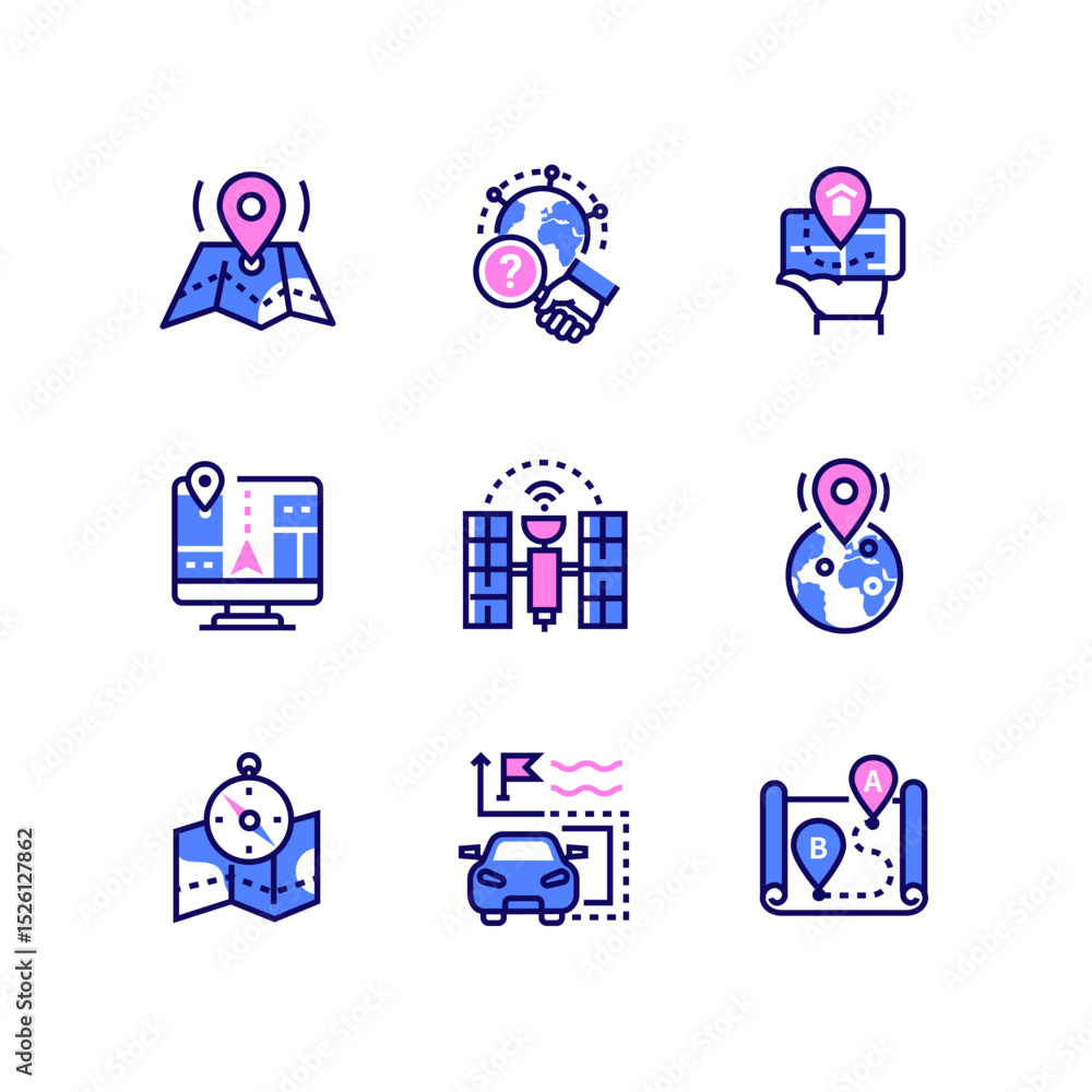 Poster location and navigation - line art style icons set