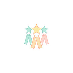 Three colorful award ribbons with star-shaped tops in pastel shades on a white background symbolizing achievement and recognition