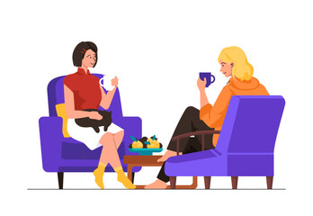 Girls drinking tea - modern flat design style illustration