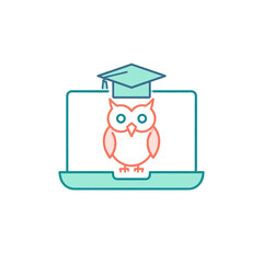 A minimalist illustration of an owl wearing a graduation cap displayed on a laptop screen, symbolizing online education, learning, and academic achievement