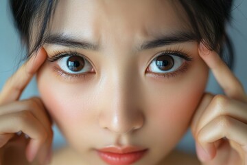 Lack of sleep: Worried Asian woman pointing to dark circles under her eyes, a result of insomnia and poor sleep quality., Generative AI