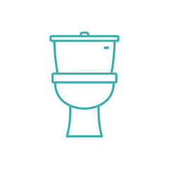 Minimalist turquoise line drawing of a toilet with a tank and bowl on a white background, symbolizing bathroom fixtures or plumbing icons