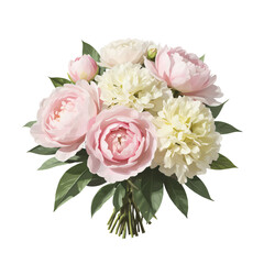 A soft, dreamy bouquet of pastel peonies, hydrangeas, and ranunculus, arranged tightly and isolated on white, perfect for romantic or wedding themes.