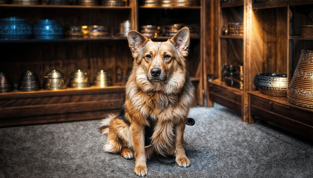 Vibrant Canine Companion Among Stripes and Spots Playful Pup Surrounded by an Eclectic Menagerie of Animal Artifacts at the Zoos Souvenir Shop, Basking in a Warm, Inviting Atmosphere.