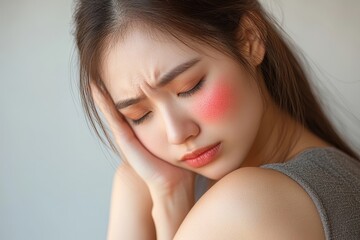 Naklejka premium Sensitive skin concept: Asian woman scratching her arm due to a red rash caused by an allergic reaction., Generative AI