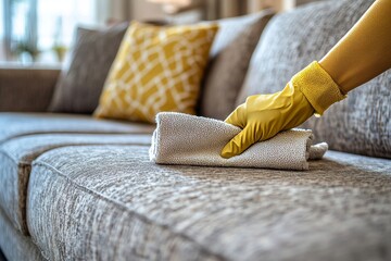 Housekeeper doing chores: Close-up of a housemaid cleaning furniture with a sanitizer spray and wiping it with a wet cloth to maintain cleanliness in the living room., Generative AI