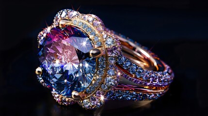 Fototapeta premium A mesmerizing gemstone ring, shimmering with amethyst and sapphire hues, set in a halo of diamonds and gold