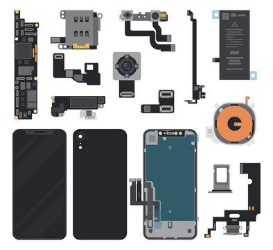 Smartphone smart phone parts repair maintenance service component set vector flat
