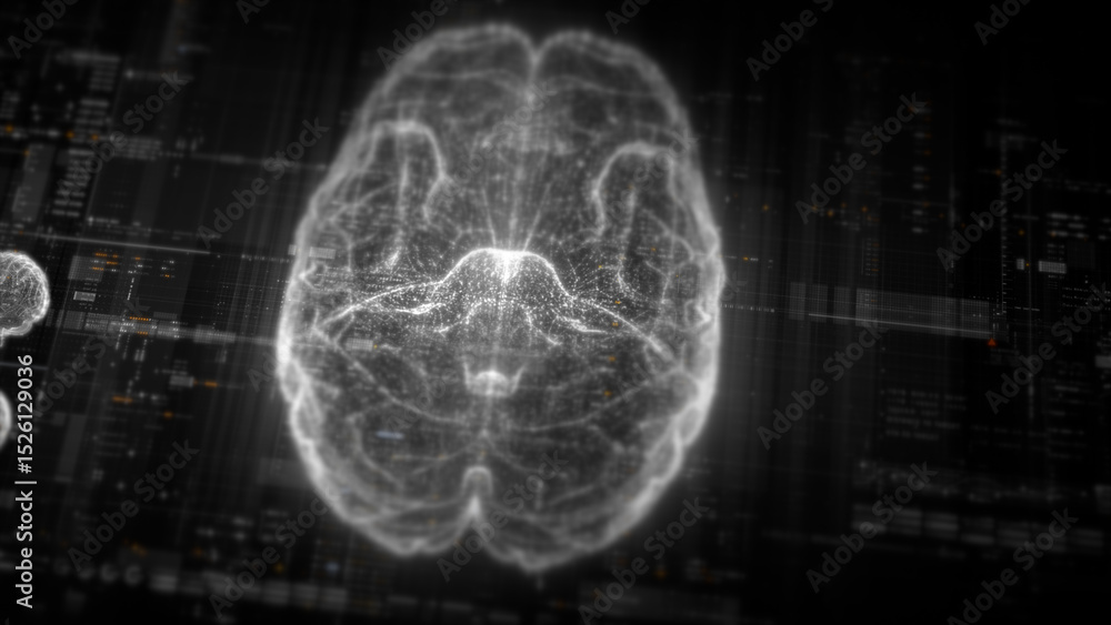 Aufkleber Futuristic biomedical concept featuring advanced holographic scanning technology performing detailed brain neuron pathology and diagnostic analysis. High-tech medical visualizing neural network