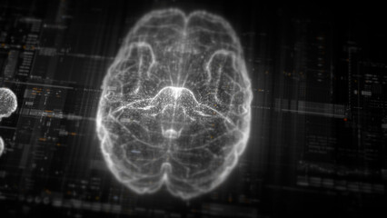 Futuristic biomedical concept featuring advanced holographic scanning technology performing detailed brain neuron pathology and diagnostic analysis. High-tech medical visualizing neural network