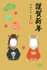 午年の馬のカップルの年賀状テンプレート　顔窓