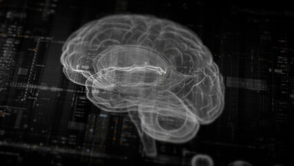 Futuristic biomedical concept featuring advanced holographic scanning technology performing detailed brain neuron pathology and diagnostic analysis. High-tech medical visualizing neural network