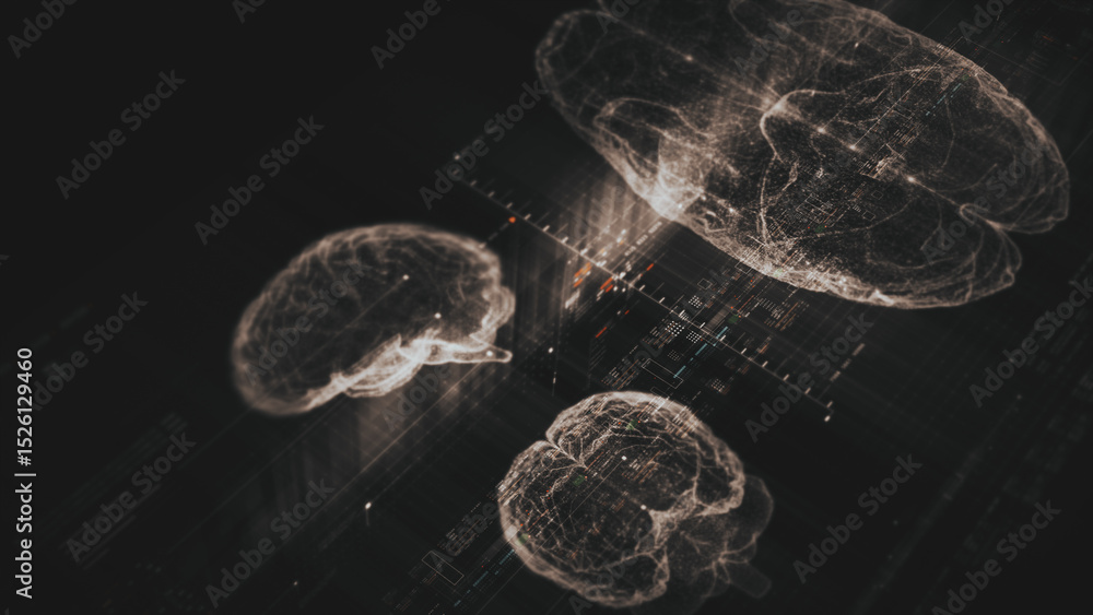 Poster Futuristic biomedical concept featuring advanced holographic scanning technology performing detailed brain neuron pathology and diagnostic analysis. High-tech medical visualizing neural network
