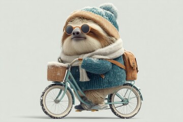 A stylish sloth in cozy winter biking gear slowly cruising on snow bike on solid white background, humorous yet elegant, cold-weather theme.