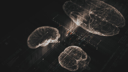 Futuristic biomedical concept featuring advanced holographic scanning technology performing detailed brain neuron pathology and diagnostic analysis. High-tech medical visualizing neural network