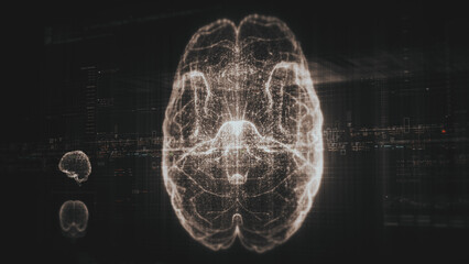 Futuristic biomedical concept featuring advanced holographic scanning technology performing detailed brain neuron pathology and diagnostic analysis. High-tech medical visualizing neural network