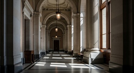 Obraz premium Sunlit Classical Hallway with Elegant Columns and Lanterns