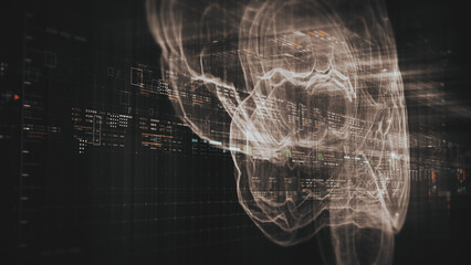 Futuristic biomedical concept featuring advanced holographic scanning technology performing detailed brain neuron pathology and diagnostic analysis. High-tech medical visualizing neural network