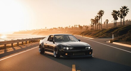 Sunset Coastal Drive: Black Modified Sports Car
