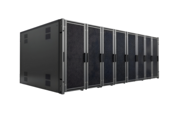 row of black server racks in data center