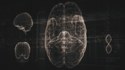 Futuristic biomedical concept featuring advanced holographic scanning technology performing detailed brain neuron pathology and diagnostic analysis. High-tech medical visualizing neural network