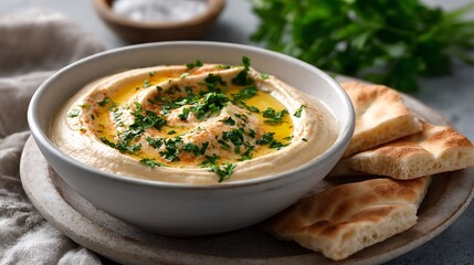 Creamy Hummus with Olive Oil and Fresh Parsley Served with Pita Bread