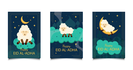 Eid al-Adha Eid Mubarak. Vector modern illustration of mosque, lamb, landscape, abstract pattern, crescent, nature for greeting card, Islamic background, poster or sale flyer