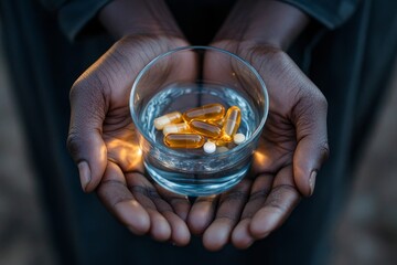Healthcare harmony: Close-up of hands holding medication and a glass of water, representing pharmaceutical treatment and mental health care for overall well-being., Generative AI