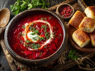 Sweet and savory hot Ukrainian borscht with sour cream served alongside fresh bread rolls
