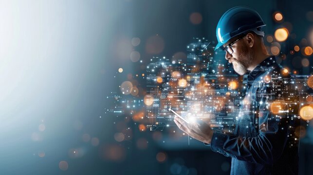 Technological advancement in industry worker engaged with digital tools modern factory corporate environment innovative insight