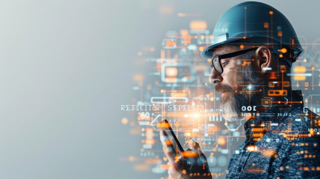 Construction worker using smartphone industrial site technology image urban environment side view innovation in action